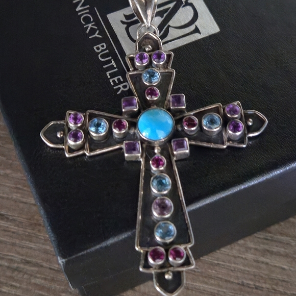 Nicky Butler 925 Sterling Silver Cross Necklace Pendant Turquoise Topaz Vintage - Picture 5 of 16
